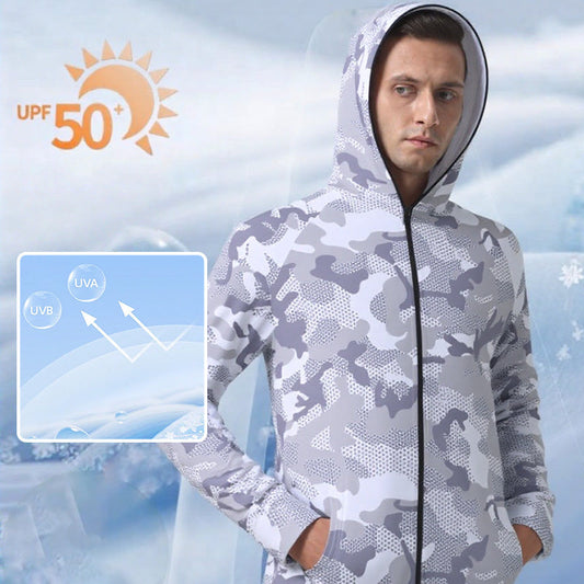 Outdoor Sonnenschutz Camouflage Jacke mit Kapuze und langen Ärmeln und durchgehendem Reißverschlus