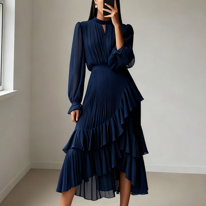 Damen Plissee-Midikleid mit Volants und Schlüsselloch-Ausschnitt