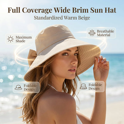 👒 Damen Sonnenhut mit breiter Krempe & dekorativer Schleife, faltbarer atmungsaktiver Stoff mit 360° UV-Schutz für Strand, Garten und Urlaub ✨