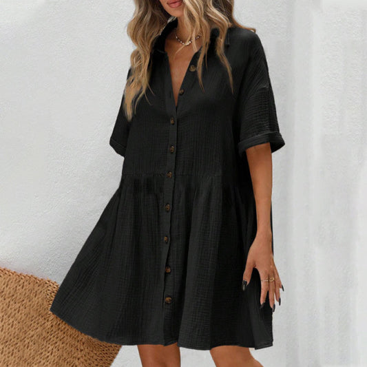 Midi-Kleid mit Hemdkragen, kurzen Ärmeln und Knöpfen