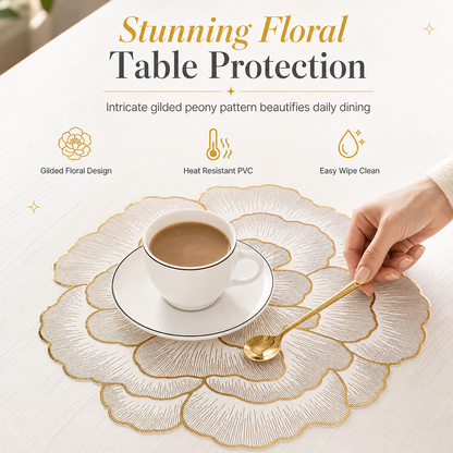 🌸 Nordisches PVC-Platzset mit metallischem Pfingstrosen-Design – 38 cm
